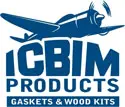 A blue and white logo of icbim products