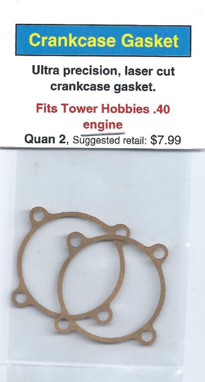 A pair of gaskets for the engine of a tower hobbies 4 0 engine.