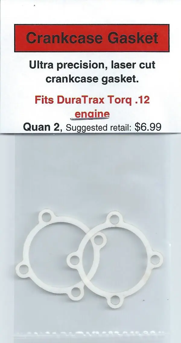 A package of DuraTrax Torq .12 Crankcase Gasket 2 Pack for a crankcase.