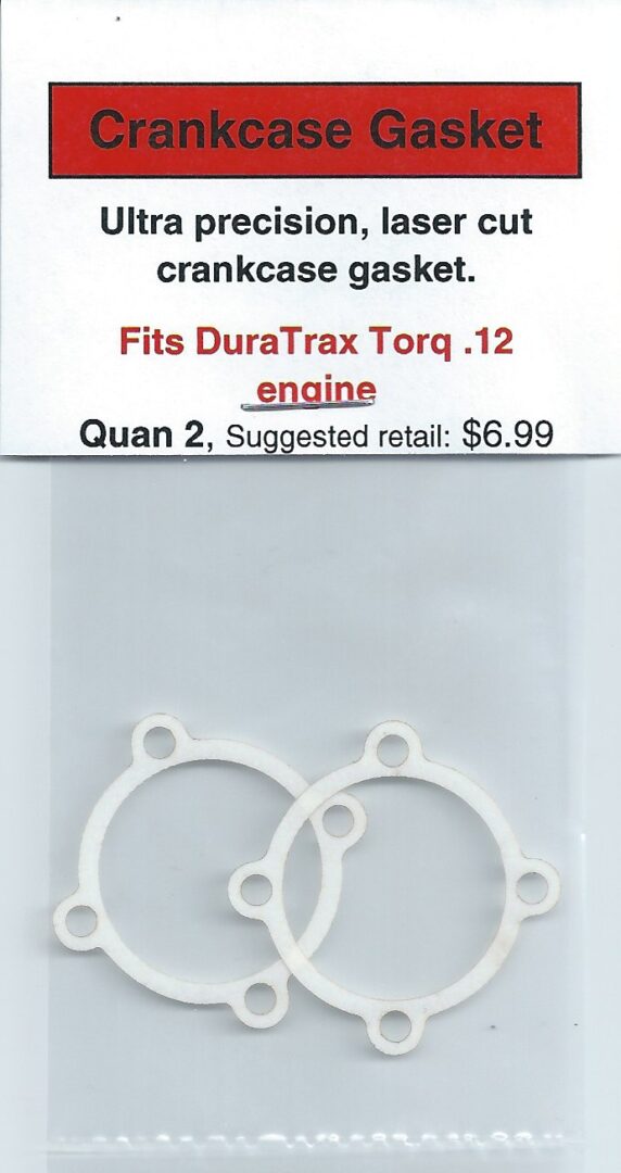 A package of DuraTrax Torq .12 Crankcase Gasket 2 Pack for a crankcase.