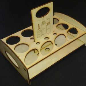 A wooden bottle holder with a number of bottles on it.